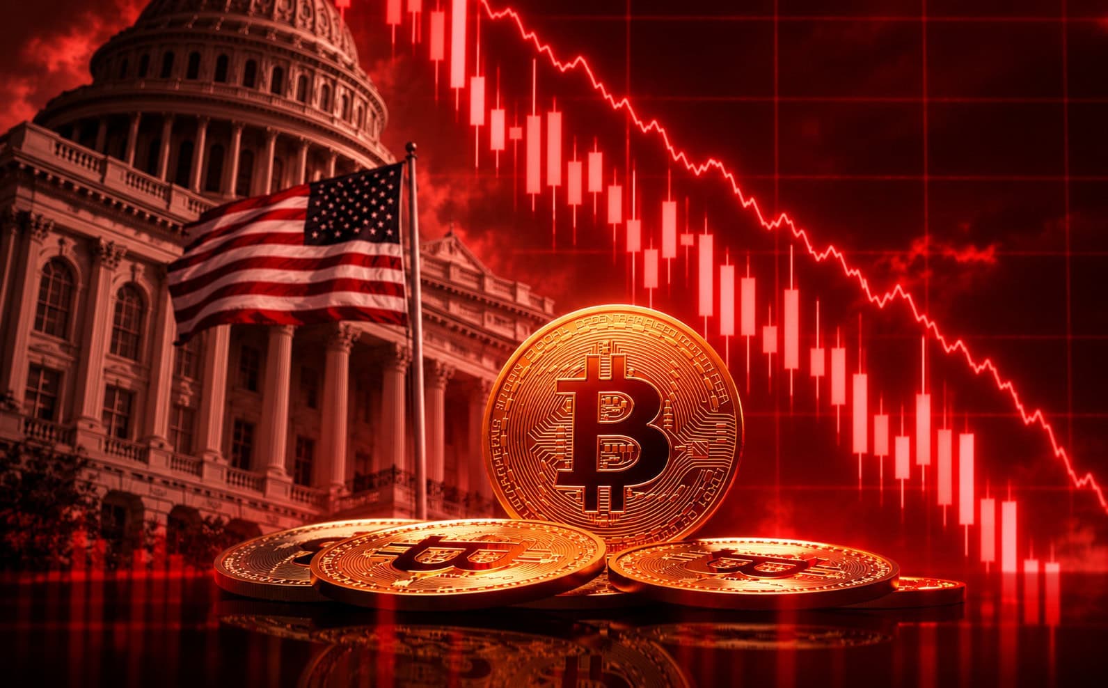 Goldene Bitcoin-Münzen vor dem US-Kapitol und einer US-Flagge, im Hintergrund zeigt ein roter Kurschart deutlich nach unten.