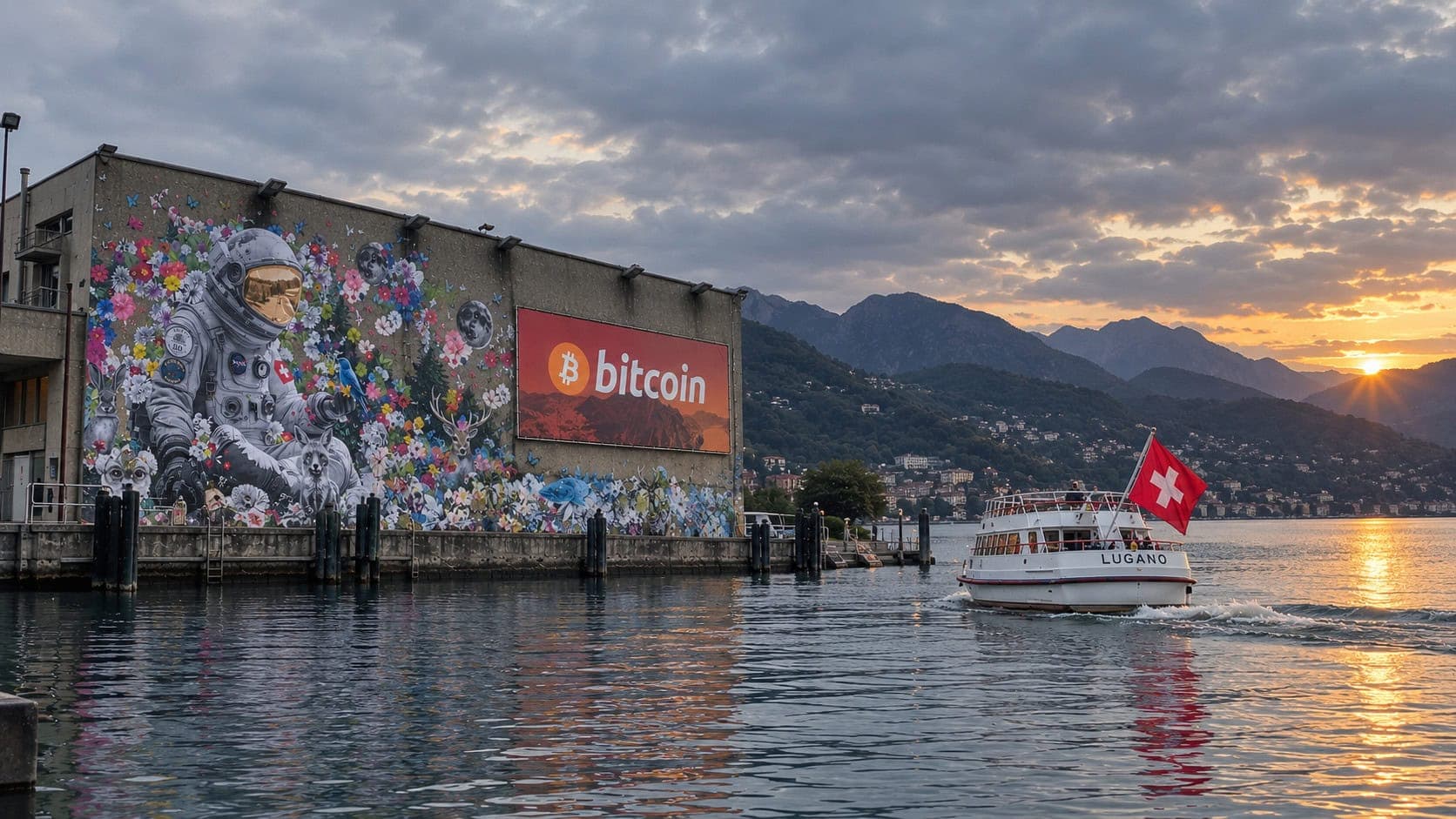 Das Bild zeigt einen Astronauten und das Bitcoin-Logo und ein Schiff mit einer Schweizer Flagge.