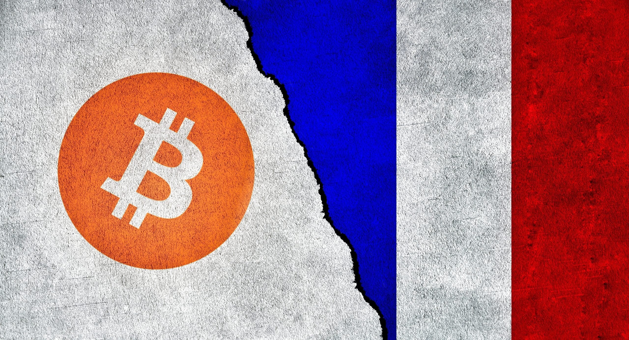 Man sieht die französische Flagge rechts und links sieht man Bitcoin. Dazwischen geht ein Riss.