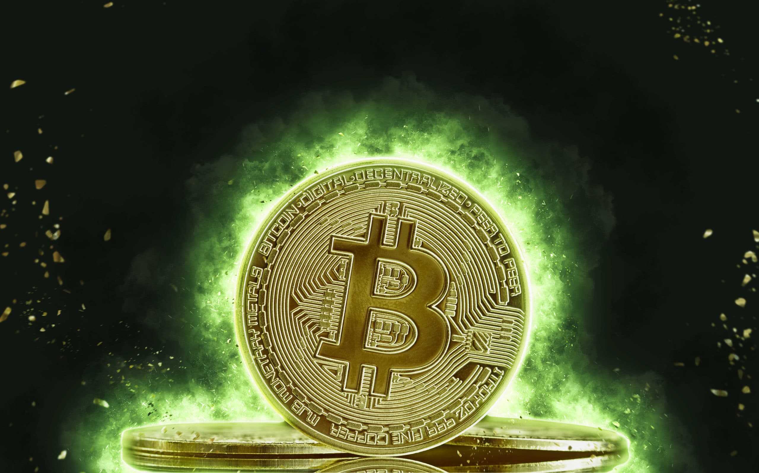 Ein Bitcoin Logo in grünen Flammen