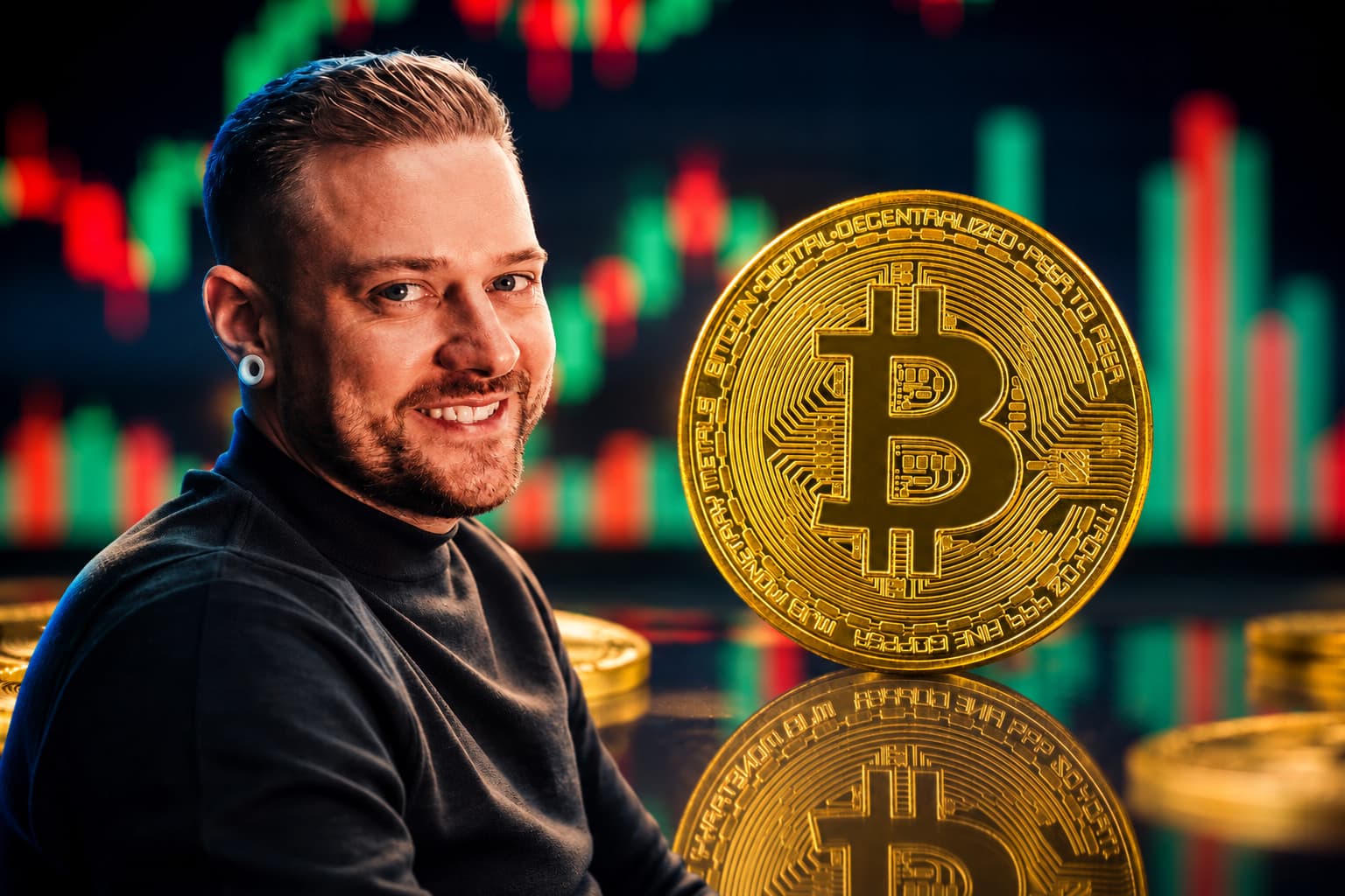 Krypto-Trading-Experte Florian Sondershausen vor einer goldenen Bitcoin-Münze und einem Kurschart mit roten und grünen Kerzen.