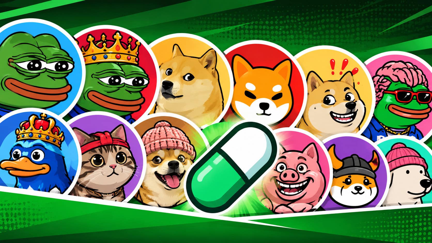Eine ganze Reihe an Memecoin-Logos hinter dem Pillen-Symbol von Pump.fun