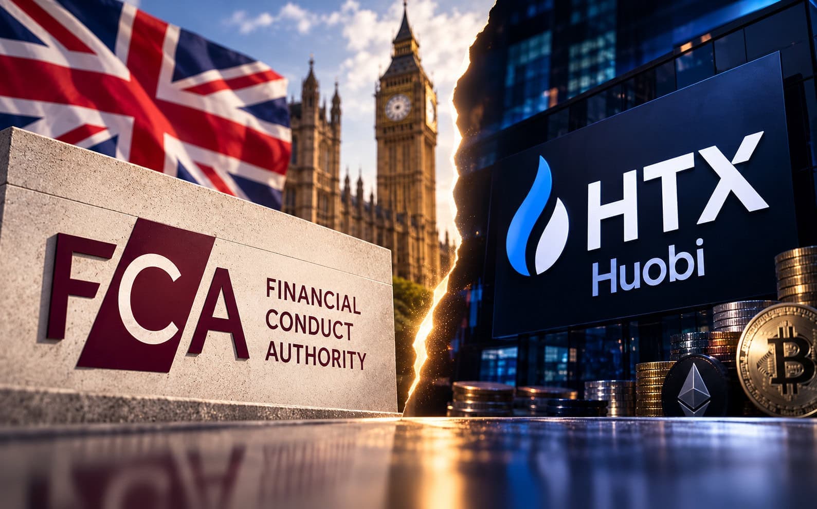 Links die britische Finanzaufsichtsbehörde FCA und rechts die Krypto-Börse HTX ehemals Huobi