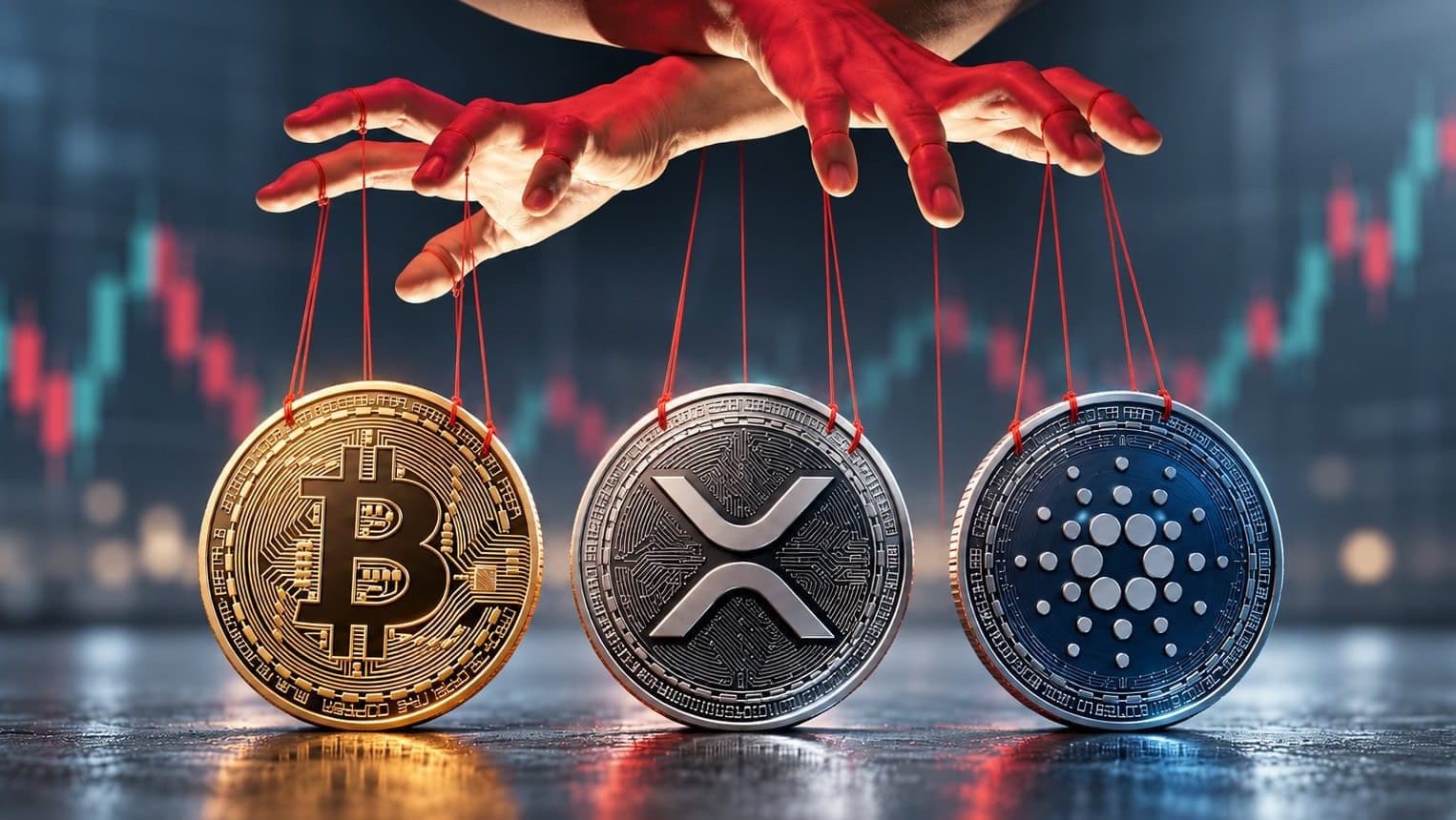 Bitcoin-, XRP-, und ADA-Münze