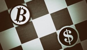 Draughts (Checkers) - US Dollar vs Bitcoin - duel as metaphor of exchange rate and comparison of traditional currency of United States of America and international internet cryptocurrency