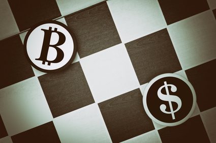 Draughts (Checkers) - US Dollar vs Bitcoin - duel as metaphor of exchange rate and comparison of traditional currency of United States of America and international internet cryptocurrency