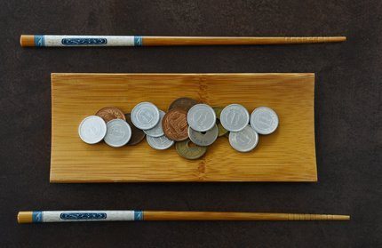 Japanese Coin and Chopstick on Bamboo plate