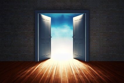 Composite image of open big door on wall