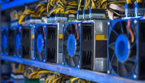 Bitcoin Mining Endgeräte sind nebeneinander aufgestellt