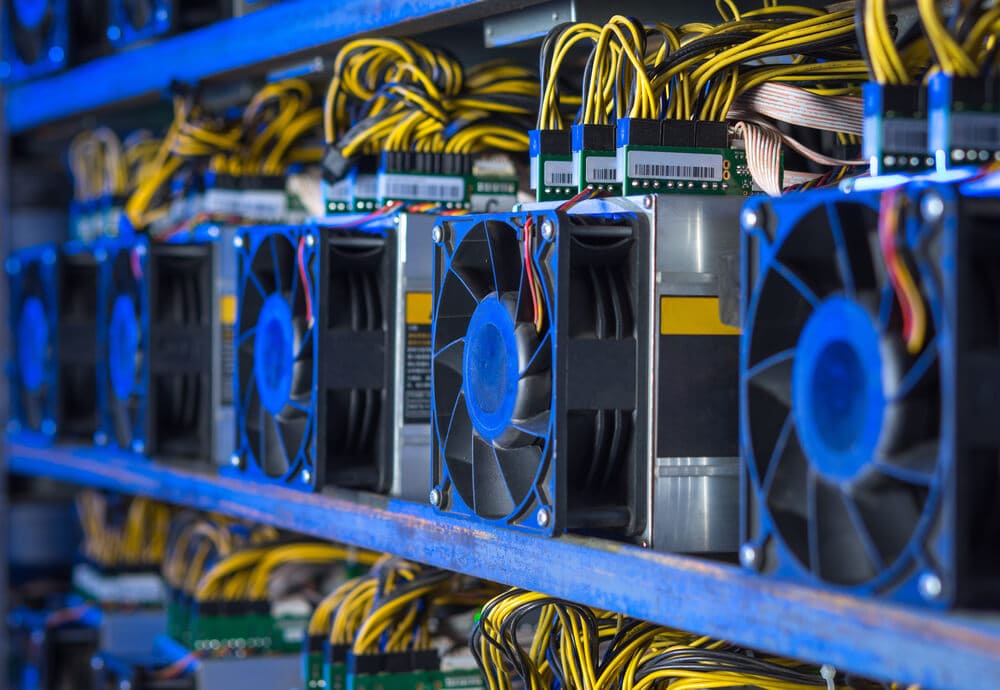 Bitcoin Mining Endgeräte sind nebeneinander aufgestellt