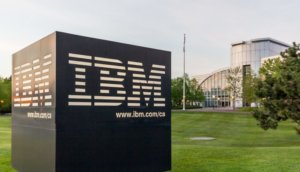 Das Firmenlogo IBM ist auf einem großen grauen Stein geschrieben.