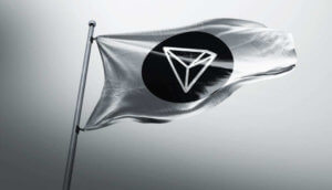 Flagge mit TRON-Logo in Schwarzweiß