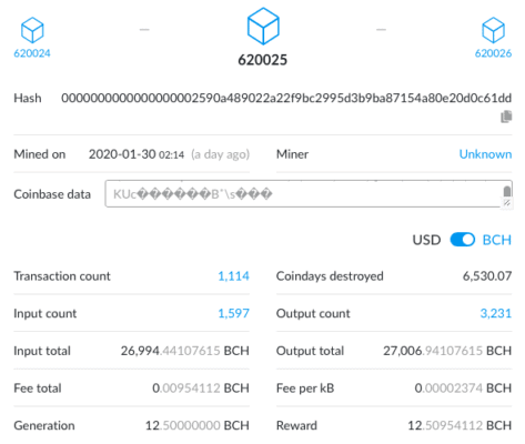 Block Nr. 620025. Quelle: https://blockchair.com/bitcoin-cash/block/620025