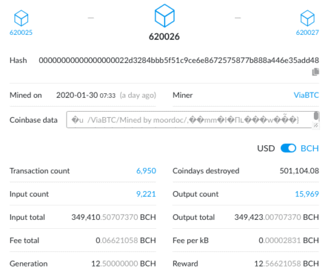 Block Nr. 620026. Quelle: https://blockchair.com/bitcoin-cash/block/620026