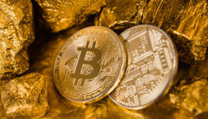 Zwei Bitcoin Münzen, eine von vorne, die andere von hinten, inmitten von einigen Goldnuggets, symbol für potential des Bitcoin-Kurs