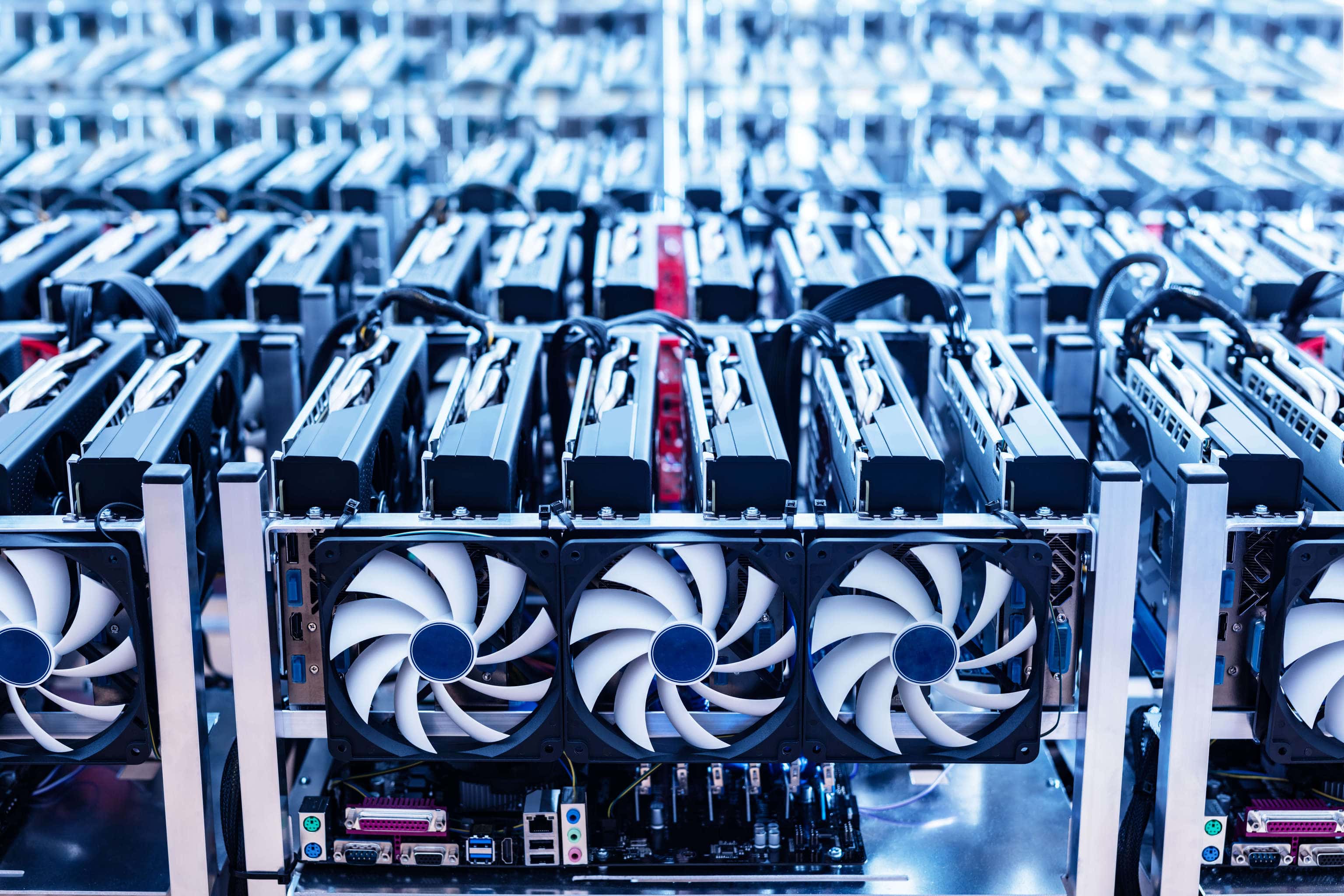 bitcoin mining farm: viele mining-geräte, die jeweils mit lüftungsventilatoren versehen sind