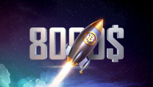 rakete mit bitcoin (Btc) symbol und der 8.000 US-Dollar im Hintergrund. Rakete fliegt durch das Bild als Symbol für den Bitcoin-Kurs (BTC)