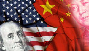 US-Flagge und China-Flagge, die sich das bild teilen