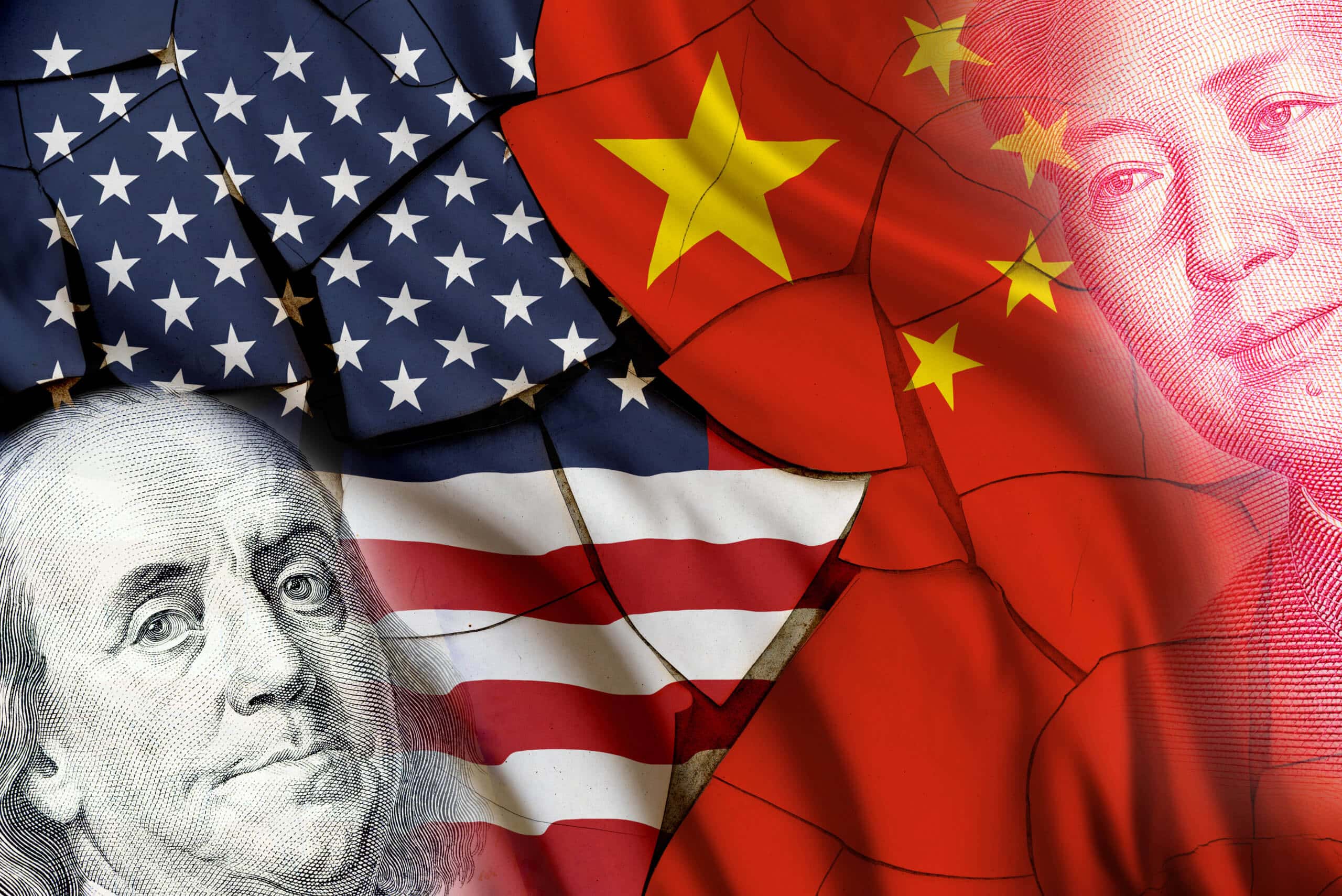 US-Flagge und China-Flagge, die sich das bild teilen