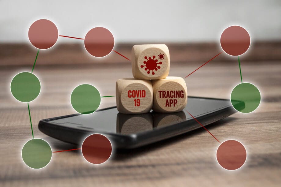 Forscher entwickeln Corona-App: Einkaufen mit Blockchain-Lizen Smartphone mit Tracking- oder Tracing-App für Covid-19