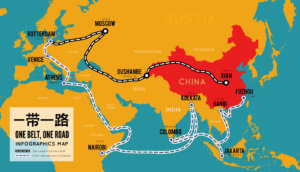 Landkarte mit Kontinenten Asien, Europa und Afrika, die die neue Seidenstraße von China ausgehen zeigt, One Belt, One Road