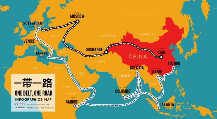 Landkarte mit Kontinenten Asien, Europa und Afrika, die die neue Seidenstraße von China ausgehen zeigt, One Belt, One Road