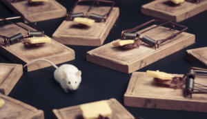 Eine weiße Maus zwischen Mausefallen die mit Käse bestückt sind