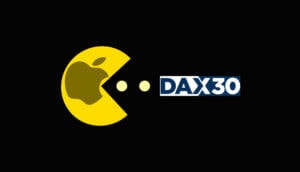Pac man mit Apple Logo frisst den DAX30 Aktienindex auf.