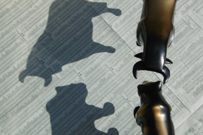 Hochwinkelansicht von Miniaturstier und -bär und Schatten
