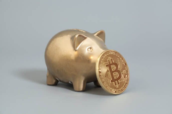 ein goldenes sparschwein, vor dessen schnauze eine bitcoin münze steht vor einem grauen hintergrund