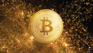 bitcoin-münze golden vor technologischem Hintergrund