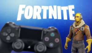 Fortnite Schriftzug mit Spielfigur und Gaming-Controller