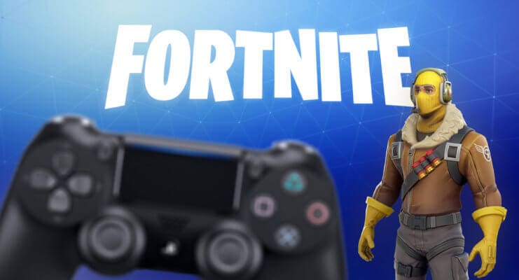 Fortnite Schriftzug mit Spielfigur und Gaming-Controller