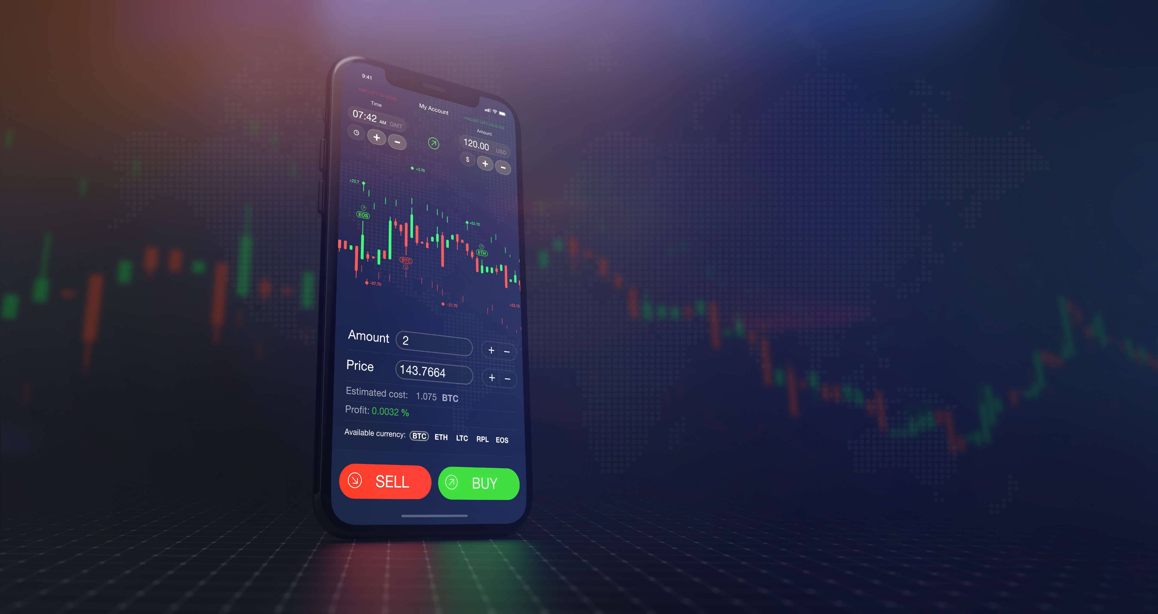 smartphone mit tradingsymbolen vor charts im hintergrund