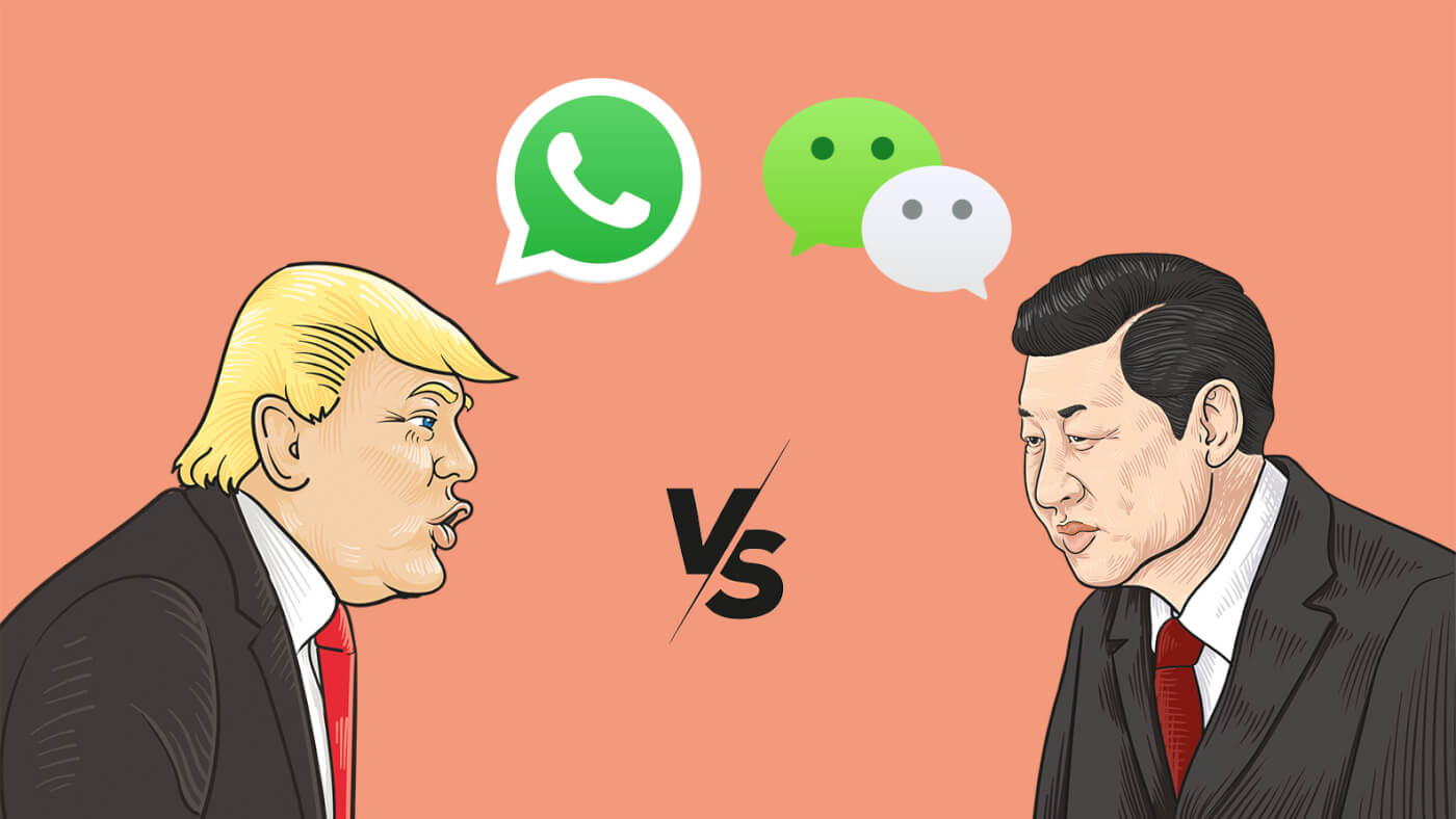 Donald Trump und Xi Jinping stehen sich gegenüber mit den Logos von WhatsApp und WeChat