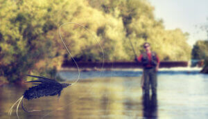 ein angler, der einen fisch aus dem wasser zieht