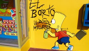 bart simpson sprüht auf eine gelbe wand mit schwarzem lack sein tag "el barto was here"