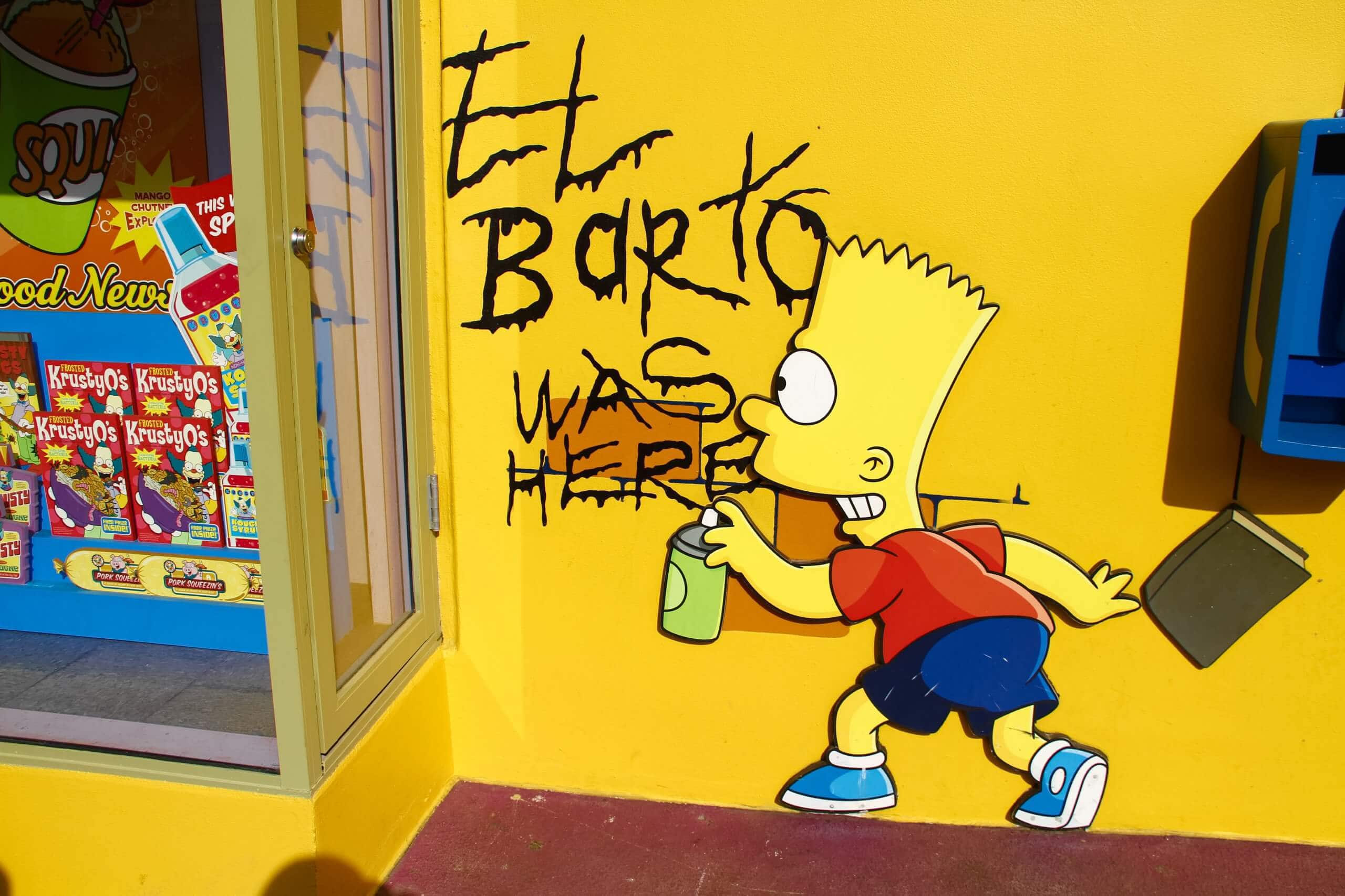 bart simpson sprüht auf eine gelbe wand mit schwarzem lack sein tag 