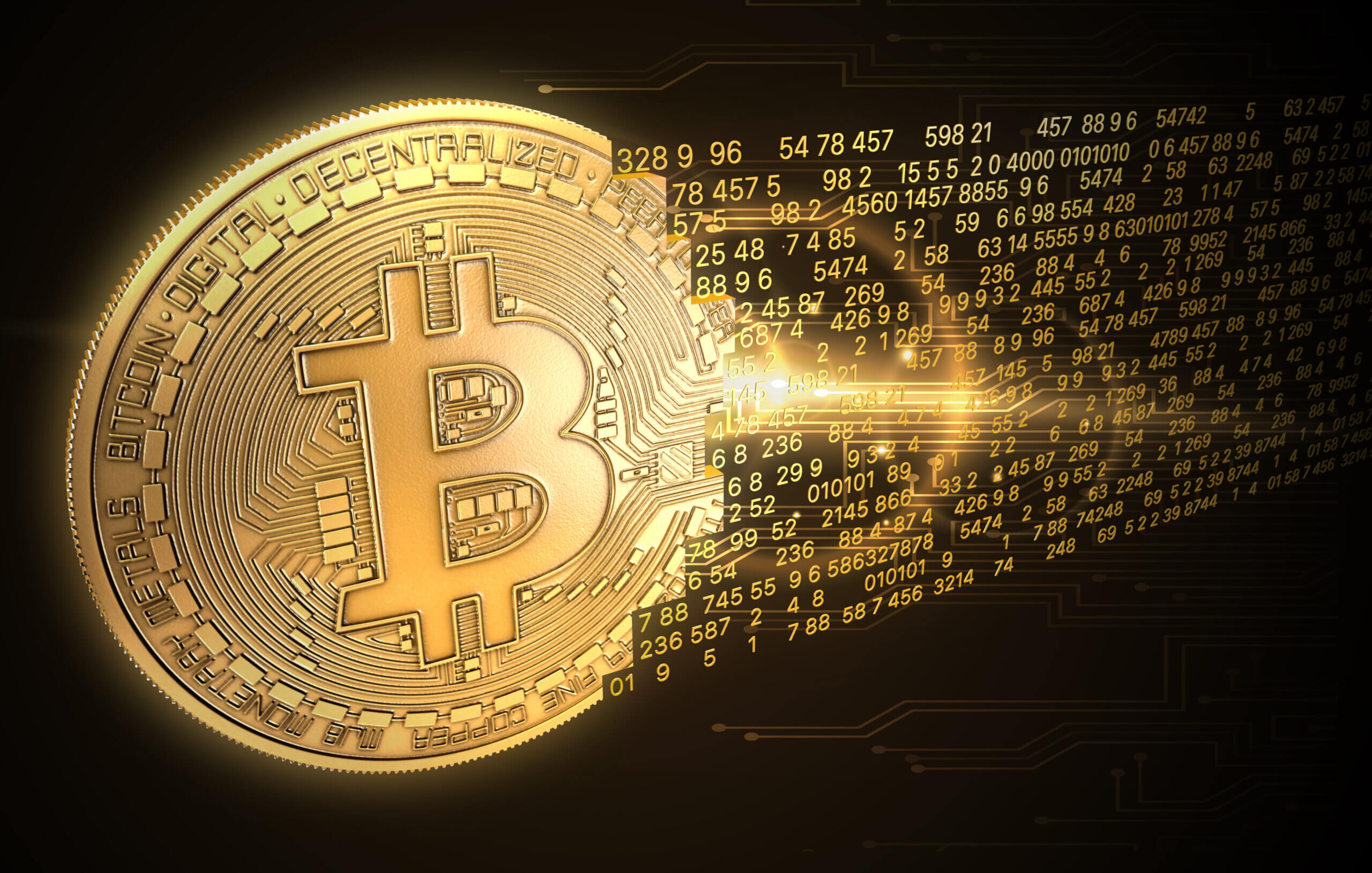 goldene bitcoin-münze, die sich in zahlen auflöst