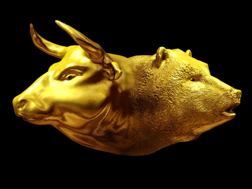 Diese Krypto-Strategie verfolgen Goldman Sachs und JPMorgan Der Kopf vom Bullen und von einem Bärsen sind ineinander verschmolzen.
