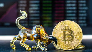 ein bulle, der eine bitcoin münze auf die hörner nimmt