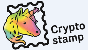Ein buntes Einhorn auf einer Briefmarke, daneben steht Crypto Stamp