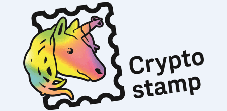 Ein buntes Einhorn auf einer Briefmarke, daneben steht Crypto Stamp