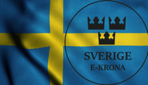 Logo der E-Krona auf schwedischer Flagge