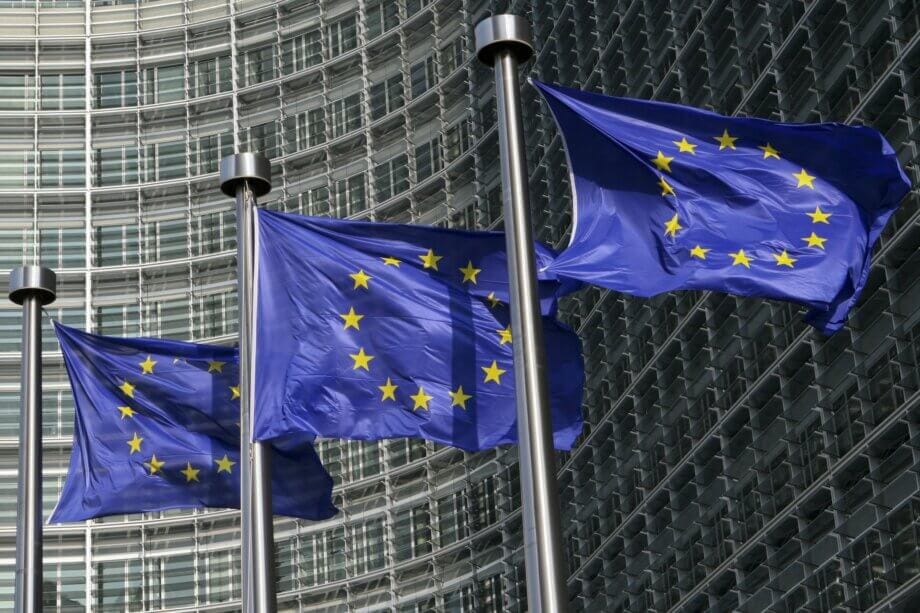 Regulierungs-ECHO: Blockchain-Adaption - quo vadis, Europa? europa-flaggen, die vor einem gebäude wehen
