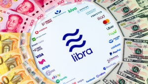 Libra-Logo umringt von Banknoten in US-Dollar, Euro und Remnibi