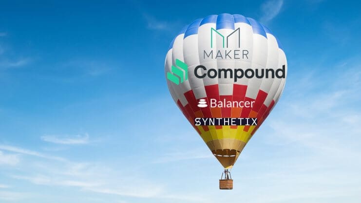 Auf dem Bild ist ein mit Logos von Decentralized Finance Plattformen bedruckter Heissluftballon zu erkennen, der in den Wolken schwebt.