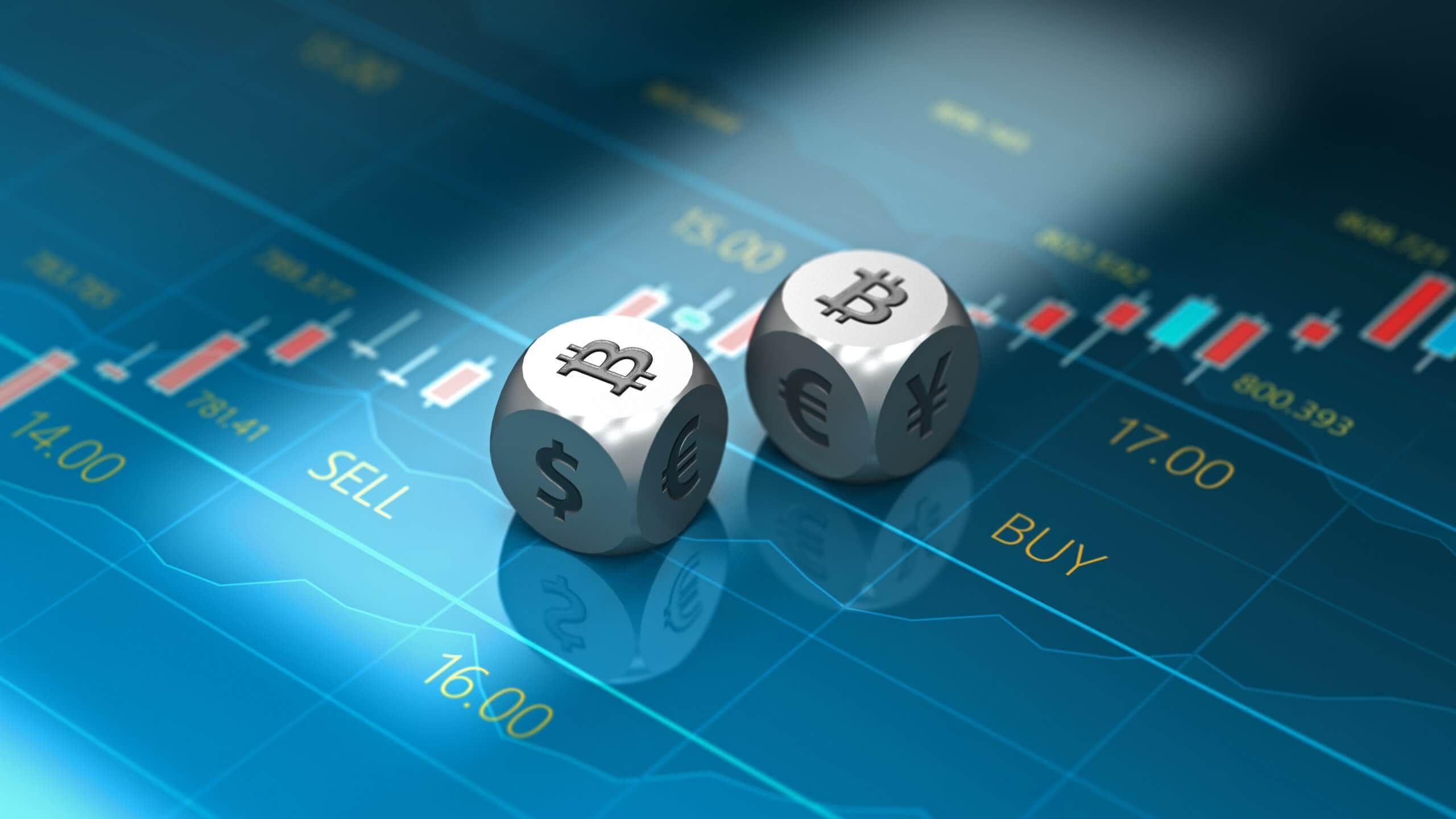zwei silberne würfel, die das bitcoin-symbol zeigen auf blauem trading-untergrund