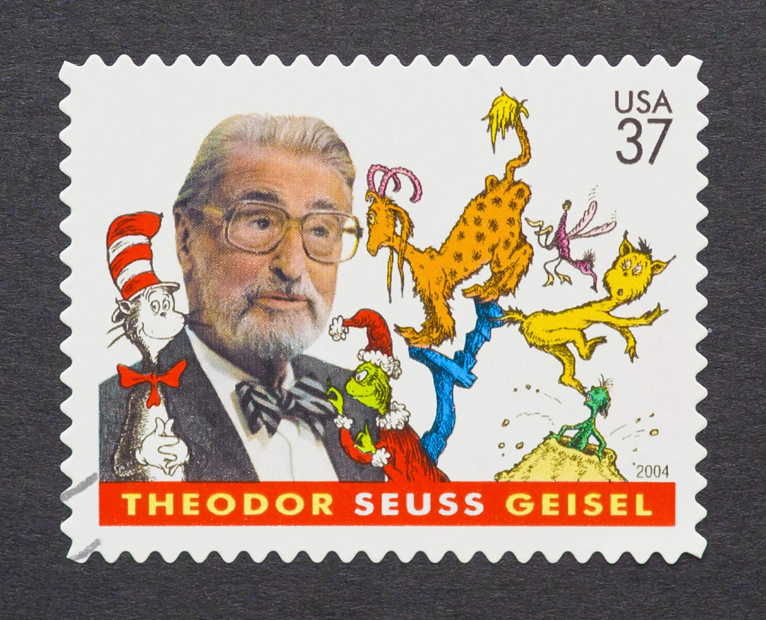 Briefmarke mit Dr. Seuss und seinen Charakteren