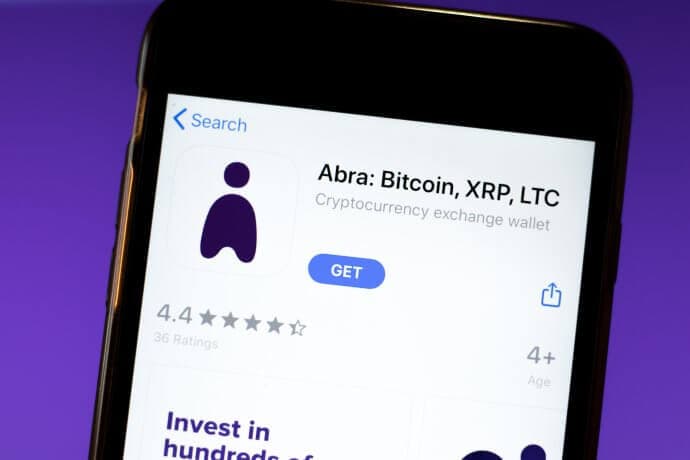 Abra Bitcoin app mobile logo close-up on screen display